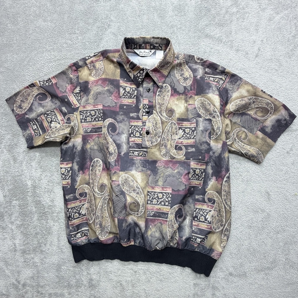 Libby Dache Shirt Mens XL Gray Paisley Short Sleeve Button-Up Rayon Relaxed Fit‎